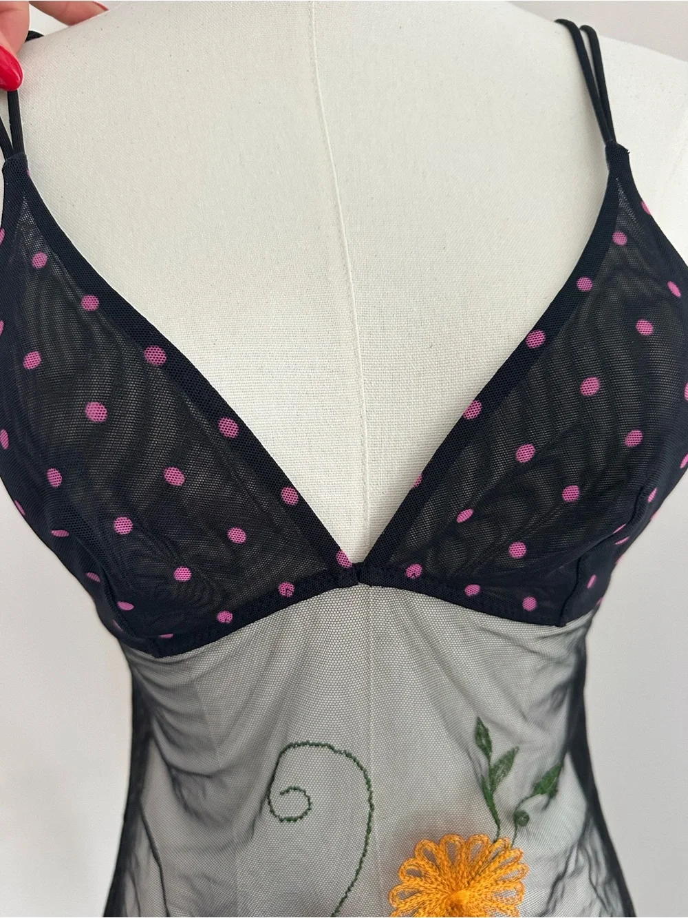 La Perla Sheer Black Embroidered Mesh Chemise with Pink Dot Cups
